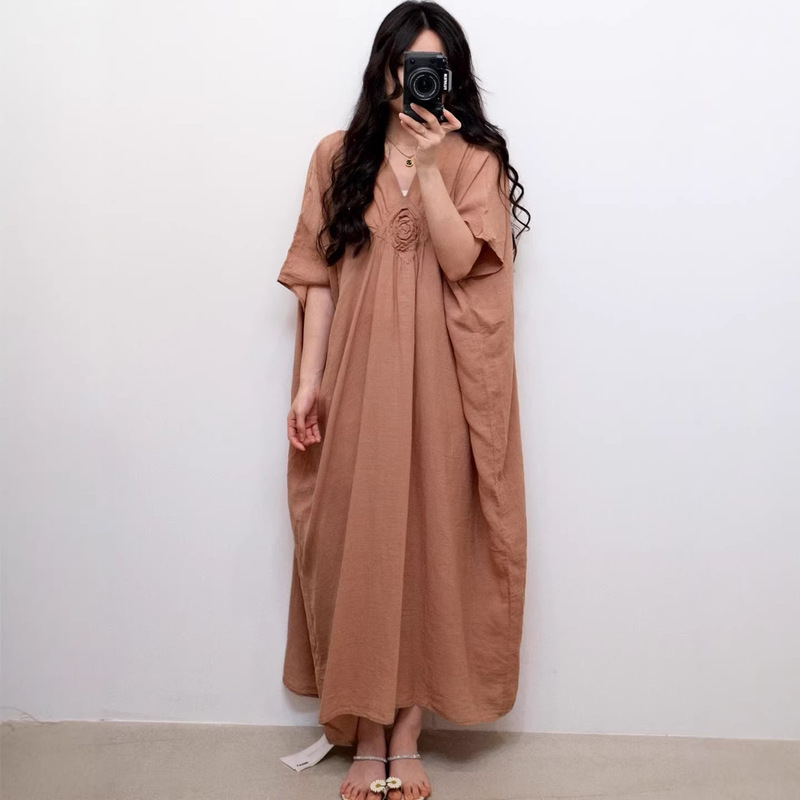 Designer-Style Three-Dimensional Floral Robe, Cotton-Linen Mid-Sleeve Dress, 2026 Spring New Loose Plus-Size Long Dress Designer-Style Three-Dimensional Floral Robe, Cotton-Linen Mid-Sleeve Dress, 2026 Spring New Loose Plus-Size Long Dress