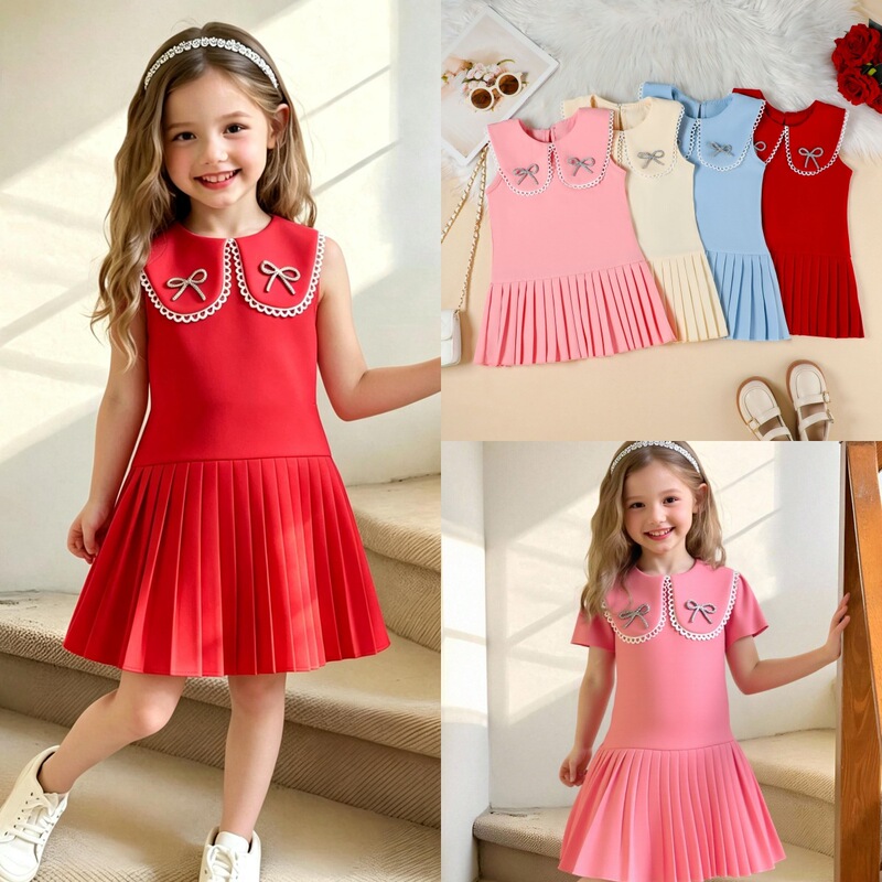 Summer girls' doll collar bowknot rhinestone pleated dress, tank top dress, direct supply from manufacturer, children's princess dress