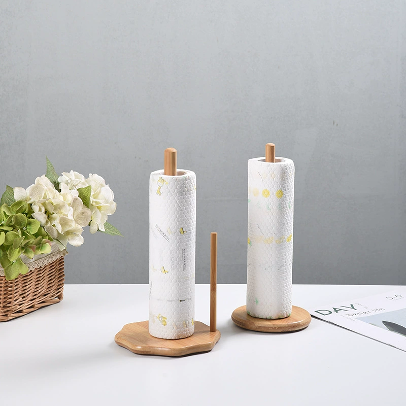 Creative Bamboo Paper Towel Rack for Kitchen with Wooden Base, Vertical Storage Shelf, Multiple Size Options