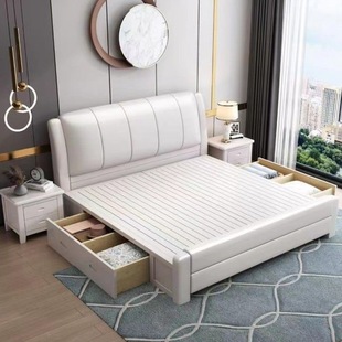 Oak Solid Wood Bed Simple White Upholstered Master Bedroom Large Bed 1.5m New Model 1.8m Double Bed High Box Storage Bed