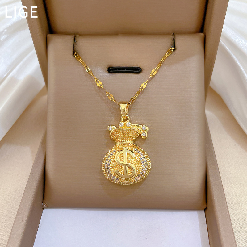 【钛钢】满钻钱袋福袋轻奢风气质华丽满钻项链女百搭锁骨链钛钢链详情2