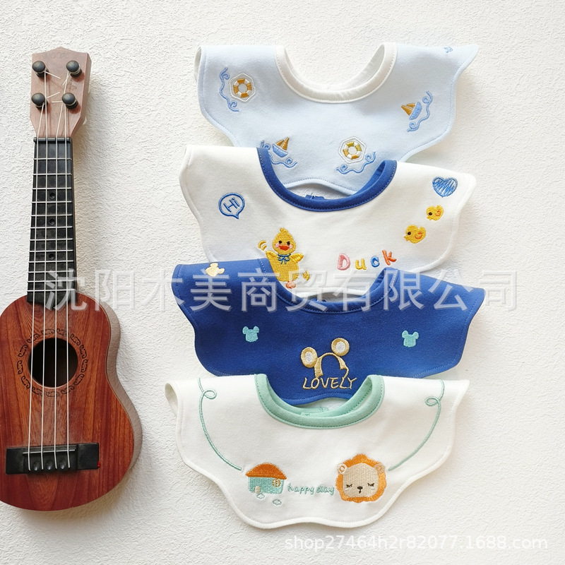 Baby Children Class A Cotton Waterproof Slippere Baby 360-degree Embroidered Pattern Bib Rice Pocket Fake Collar 0-3 Years Old