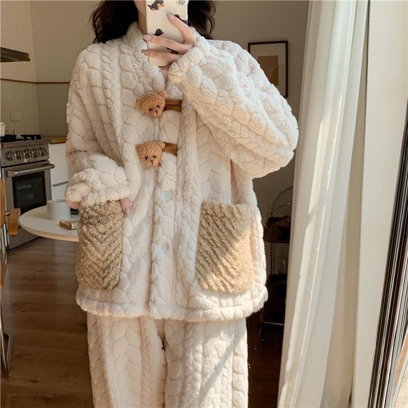 가을 겨울 여성용 잠옷, 고급스러운 산호 벨벳 가디건, 한국판 카툰 플란넬, 따뜻한 플러스 벨벳과 두꺼운 가정복