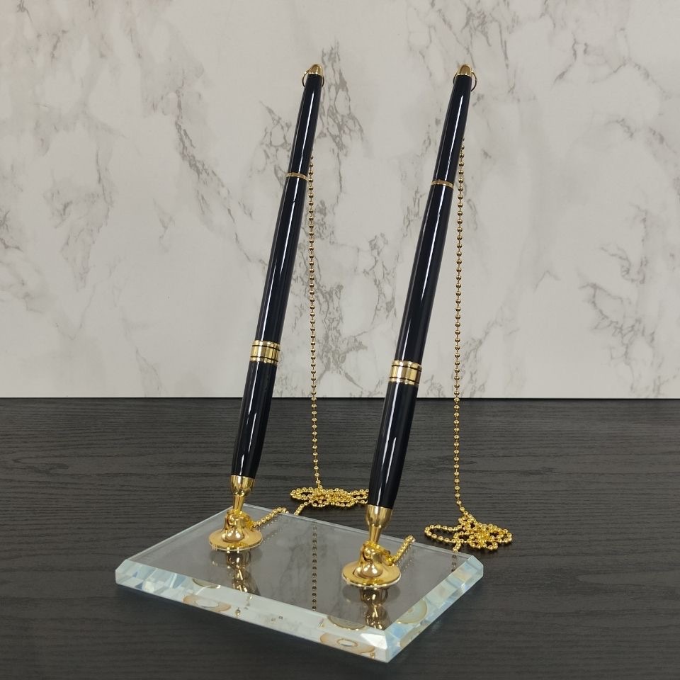 New double-tip hotel and bank counter pen, signature pen with logo, metal transparent with base, desk pen, promotional gift pen