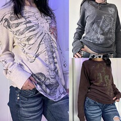 国境を越えた新型秋冬女子長袖坑条衛衣丸首tシャツプリント面坑条カジュアルtシャツ衛衣y 2k