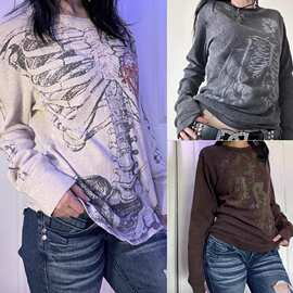 跨境新款秋冬女长袖坑条卫衣圆领T恤印花面坑条休闲T恤卫衣Y2K