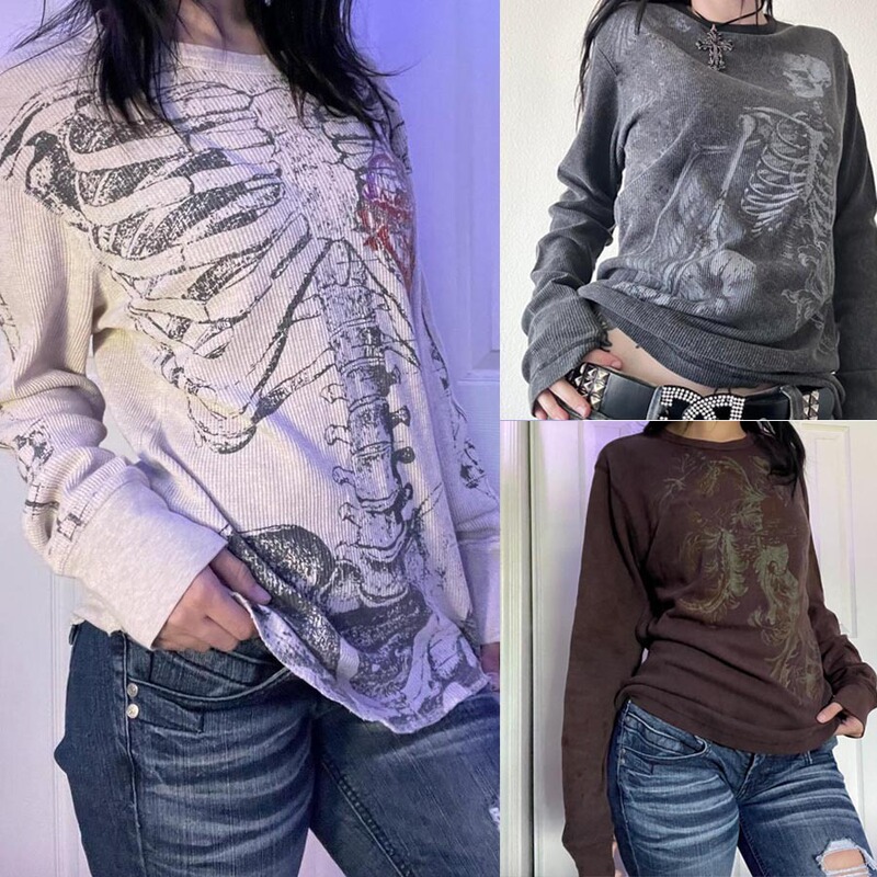 Cross-border New Autumn and Winter Women's Long-sleeved Pit Strip Sweater Crewneck T-shirt Printed Surface Pit Strip Casual T-shirt Sweater Y2K Cross-border New Autumn and Winter Women's Long-sleeved Pit Strip Sweater Crewneck T-shirt Printed Surface Pit Strip Casual T-shirt Sweater Y2K
