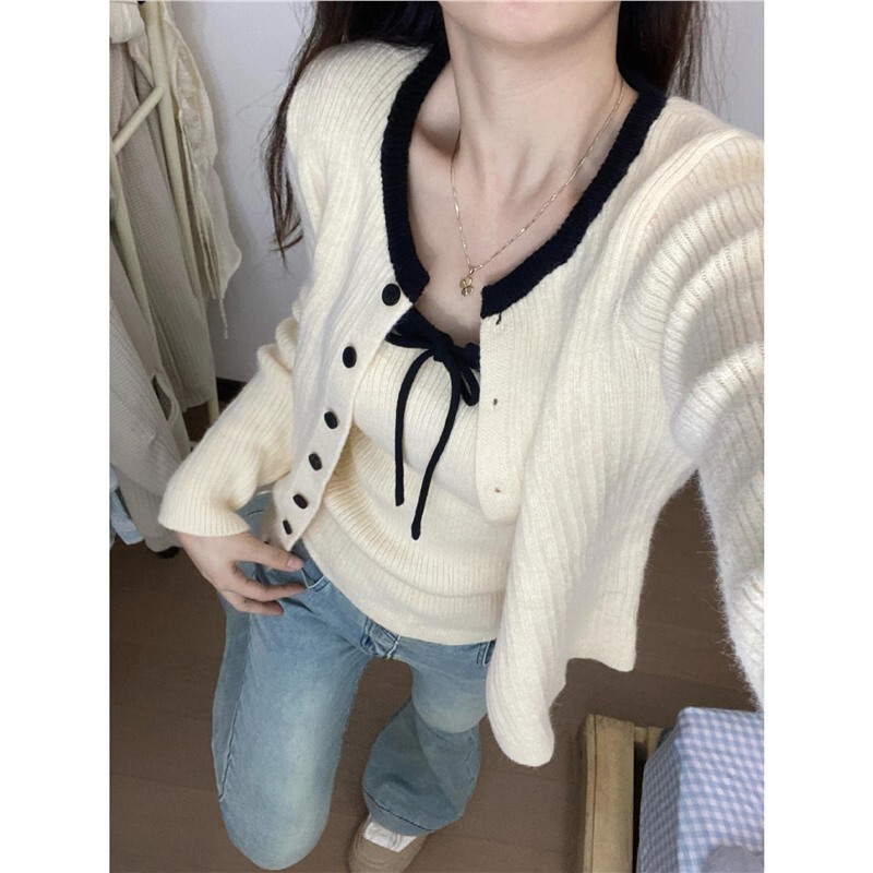 韩系针织开衫配吊带女早秋季新款软糯毛衣外套外搭上衣氛围感穿搭|undefined