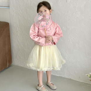 2024 spring new children's clothing girls' retro buckle stand collar top dress + coat 2-piece set
