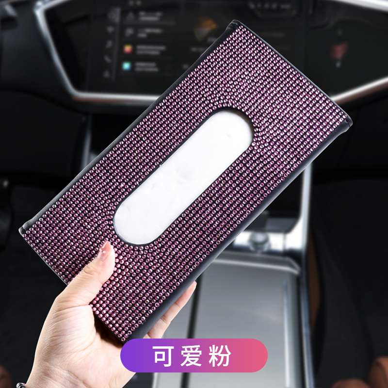 Caja de pañuelos de visera de coche asiento trasero de cuero clip de tejido incrustado de diamantes de imitación de mujer de moda creativa caja de pañuelos de coche image 10