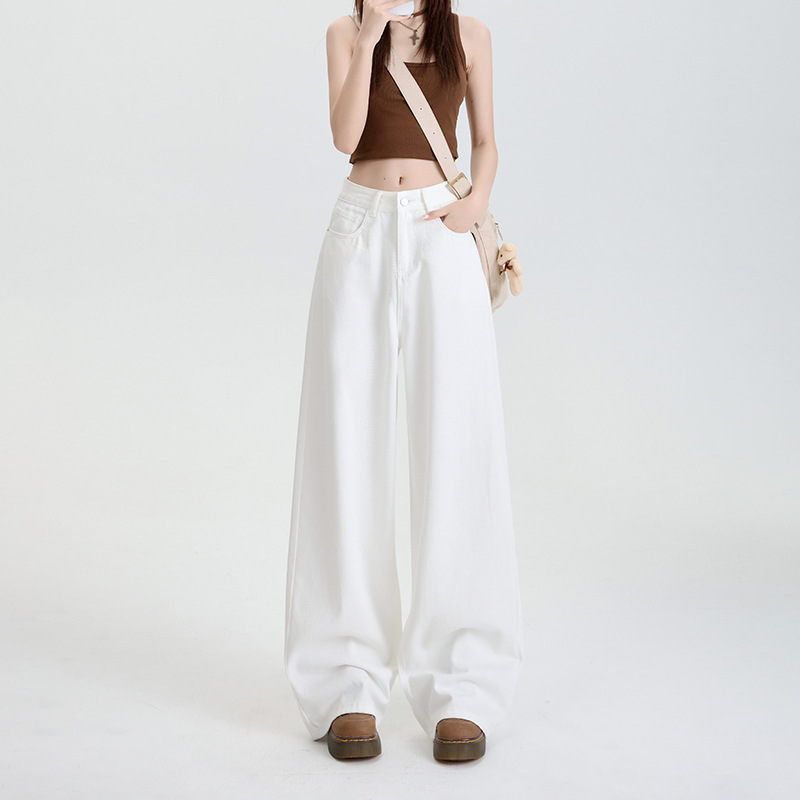 Cotton White Wide Leg Pants Non-elastic Loose Casual Comfortable Straight Slimming Simple Classic Pure White Soft Denim