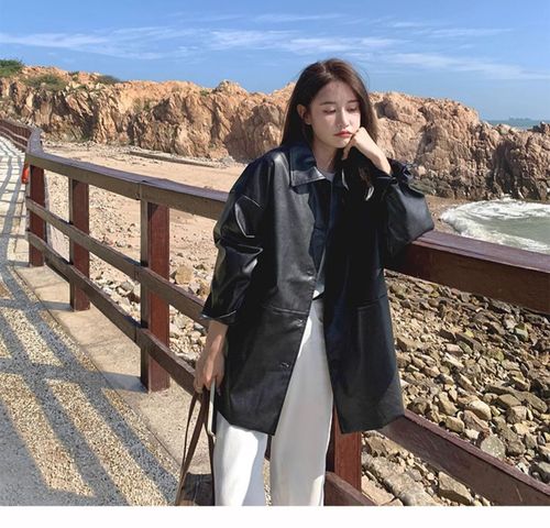 Women's Stylish Collarless Single-Breasted Leather Jacket, Autumn New Loose Fit Universal Fake Leather Biker Jacket Top, Black