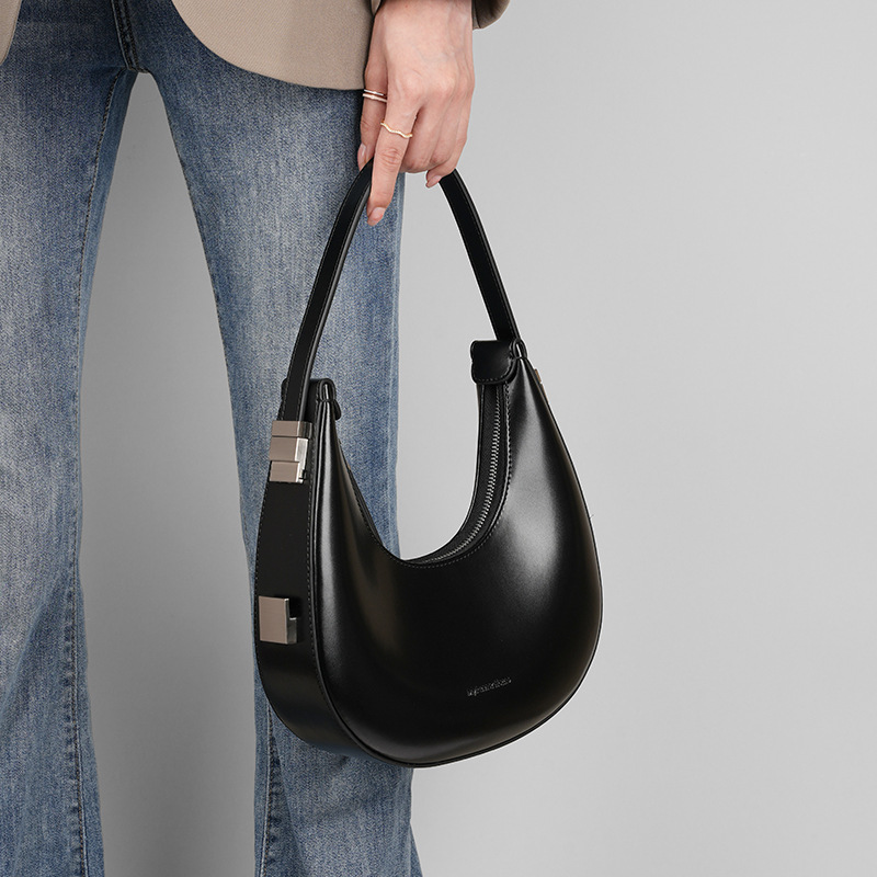 Women's Cowhide Crescent Bag Versatile Genuine Leather Commuter Underarm Bag Black Half Moon Shoulder Bag Luxury Handbag - Thumbnail 4