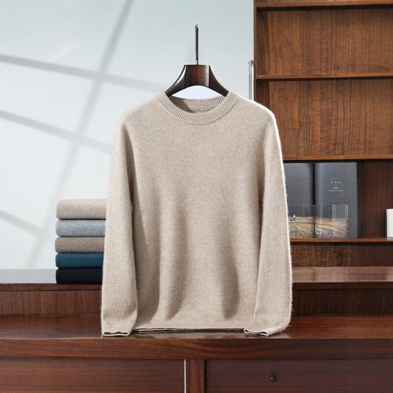 Men's round-neck cashmere sweater, new autumn/winter collection, solid-color knitted base layer, loose-fitting and warm, suitable for layering, men's fashion