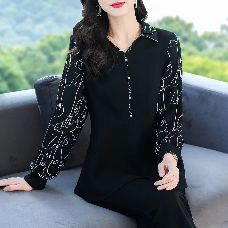 봄과 가을 새 꽃 접합 긴 소매 셔츠 200 진 플러스 사이즈 여성 통통녀 기질 V-NECK 배꼽 덮음 쉬폰 셔츠