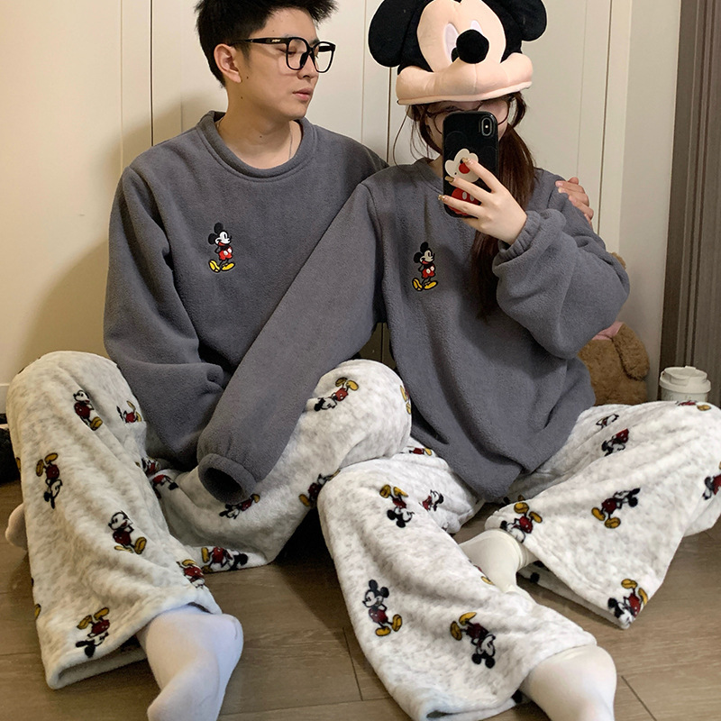 New Autumn and Winter Couple's Pajamas, Women's Coral Fleece Set, Thickened Flannel, Men's Large Size, Suitable for Wearing Outside, Loose Fit, Plus Size