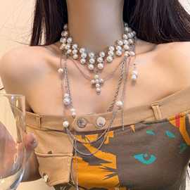 新款多层珍珠十字架项链女颈链choker轻奢小众锁骨链