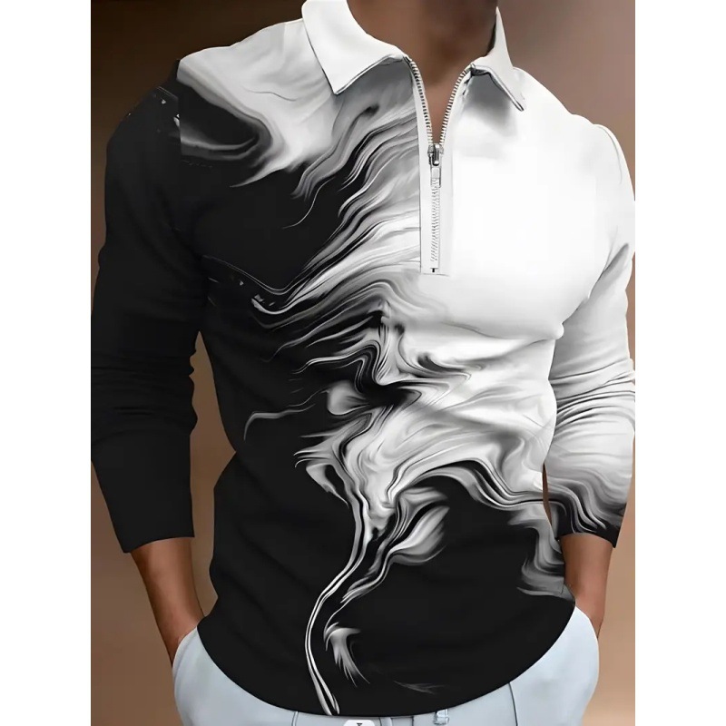 Venta caliente transfronteriza europea y americana tinta en blanco y negro tie-dye impresión 3D hombres calle alta manga larga solapa suelta cremallera camisa POLO