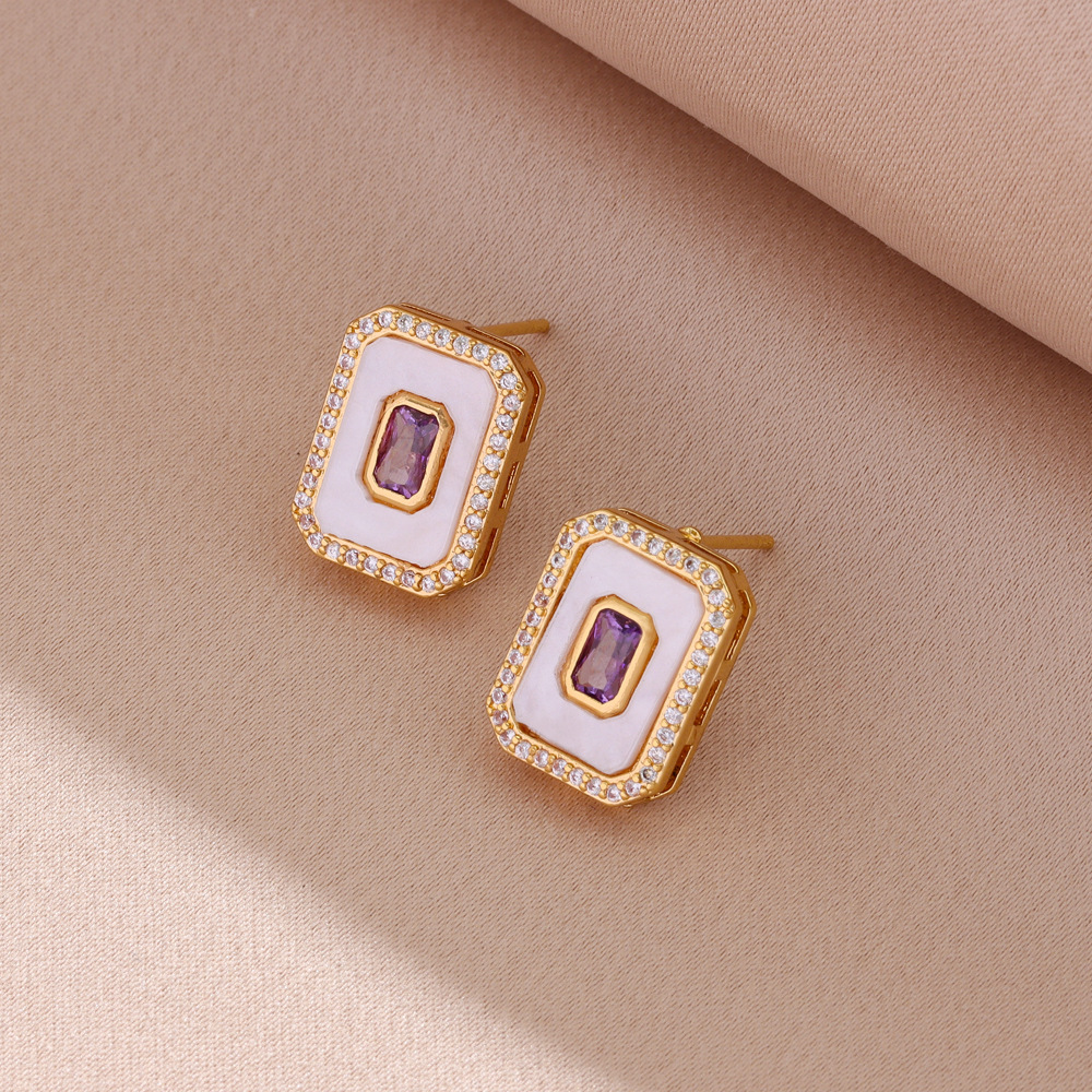 Fashionable retro purple geometric square stone inlay with zircon