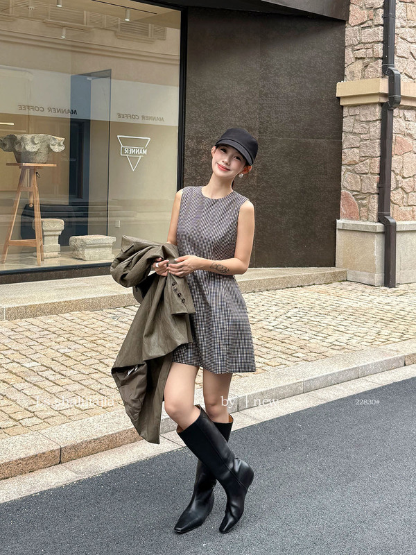 LS 复古优雅格纹背心连衣裙 广州十三行2025早秋新品女装22830#|undefined
