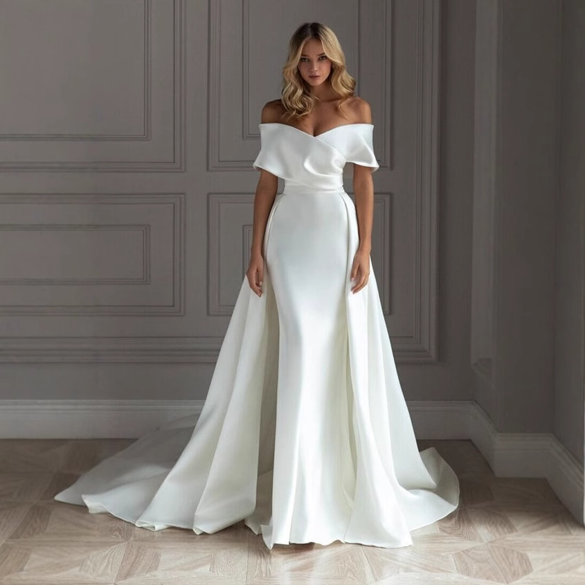 European and American Export Light Wedding Dress 2026 New Style Off-Shoulder Slimming Elegant Sexy White Trailing Evening Dress for Women