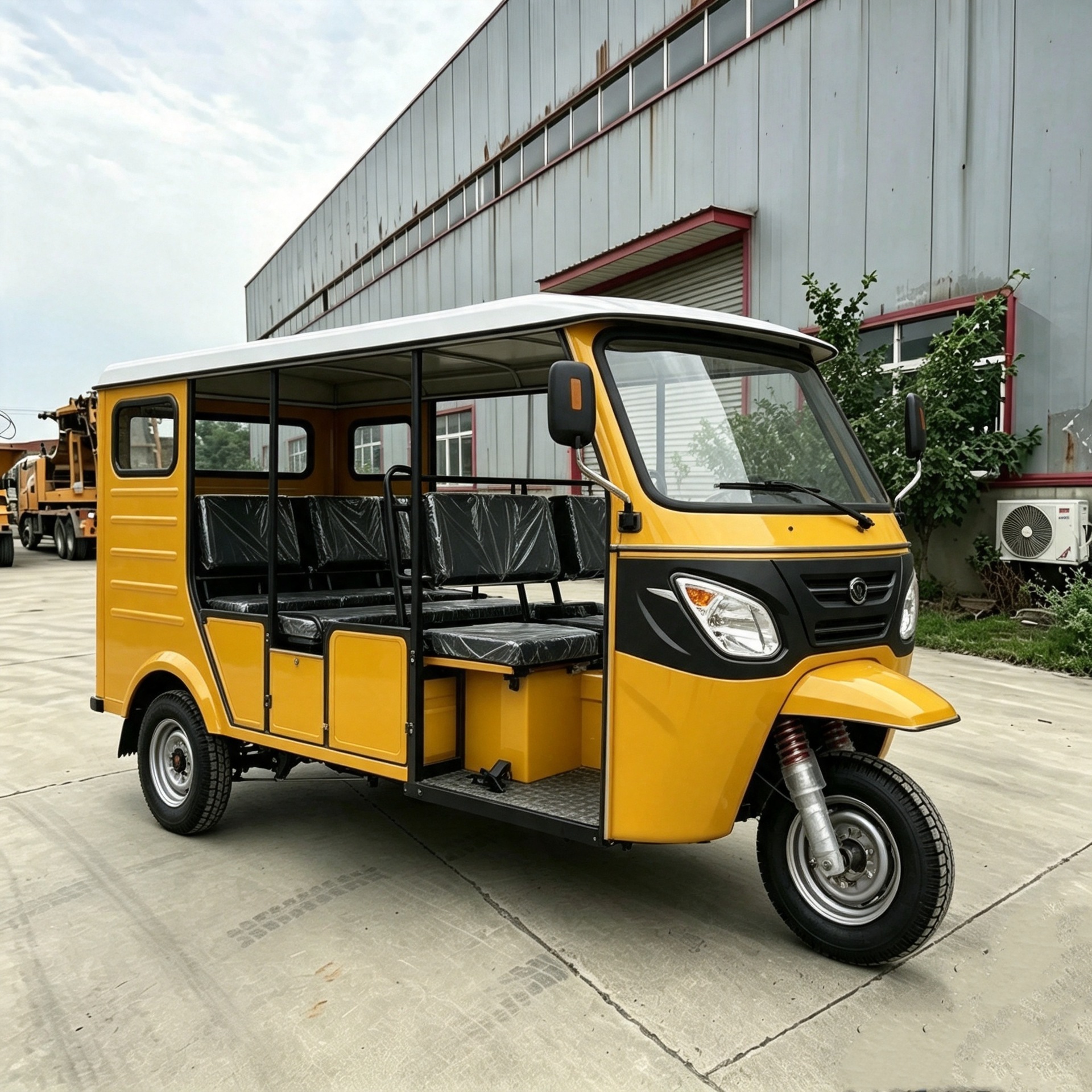Large-space fuel-powered passenger tricycle taxi with multi-seater rainproof cabin and powerful engine, suitable for rural areas in Africa