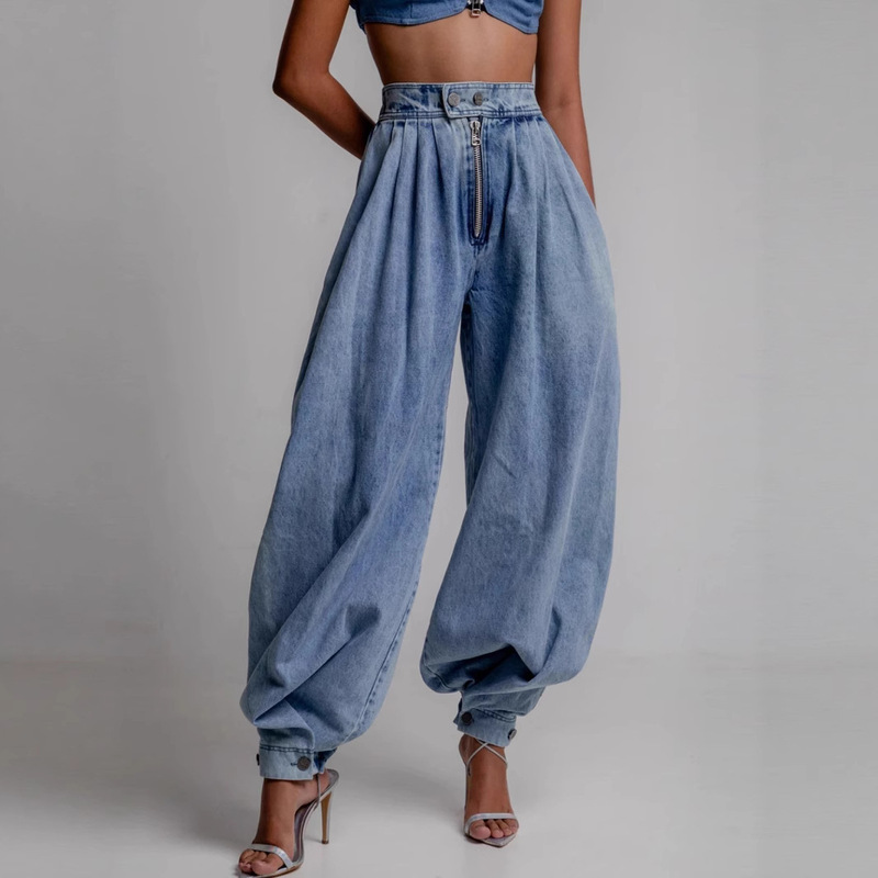 European and American Cross-Border Amazon Balloon Pants High-Waisted Zipper Leggings Blue Washed Jeans Loose Trousers for Women