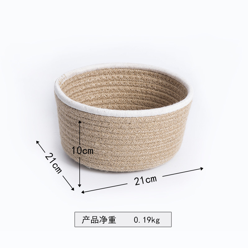 Cesta de almacenamiento redonda de cuerda de lino trenzada nórdica bocadillos cosméticos joyas de escritorio de almacenamiento de cuerda de lino cesto de acabado
