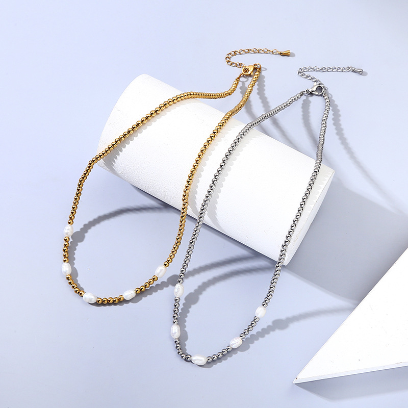 304 Stainless Steel Pendant Material Necklace Classification Elegant Round Stainless Steel Freshwater Pearl Plating Gold Plated Necklace