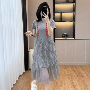 Postpartum Nursing Clothes with a Niche Design, Short-Sleeved Ice Silk Maternity Dress, Versatile Slimming Look Splicing Nursing Clothes