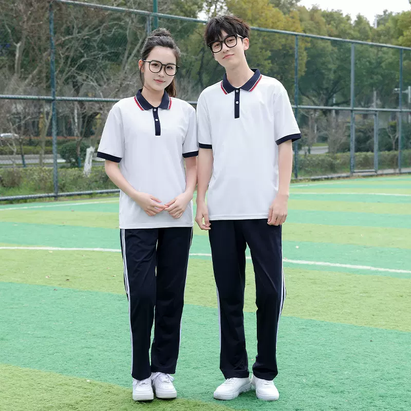 夏季新款蓝白校服中学生学院风POLO衫翻领大童班服短袖T恤长裤子