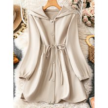 Y 29296 Solid tie waist cinched hooded trench ��ɫϵ��������