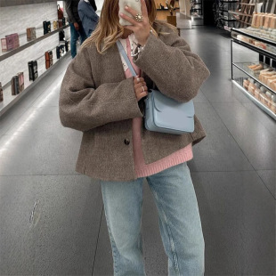 2024 Europe and the United States cross-border autumn and winter new V-collar long sleeve short button coat lazy loose wool coat