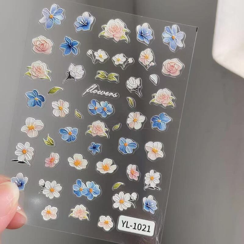 Trendy Fresh New Spring Daisy Nail Stickers Wildflower Embossed Plaid Warm Spring Blooms Romantic Oil Painting Nails