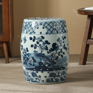 Hand-Painted Blue and White Porcelain Shoe-Changing Stool, Ceramic Drum Stool, Dressing Stool, Neoclassical Antique Drum Pier, Low Stool, Round Stool