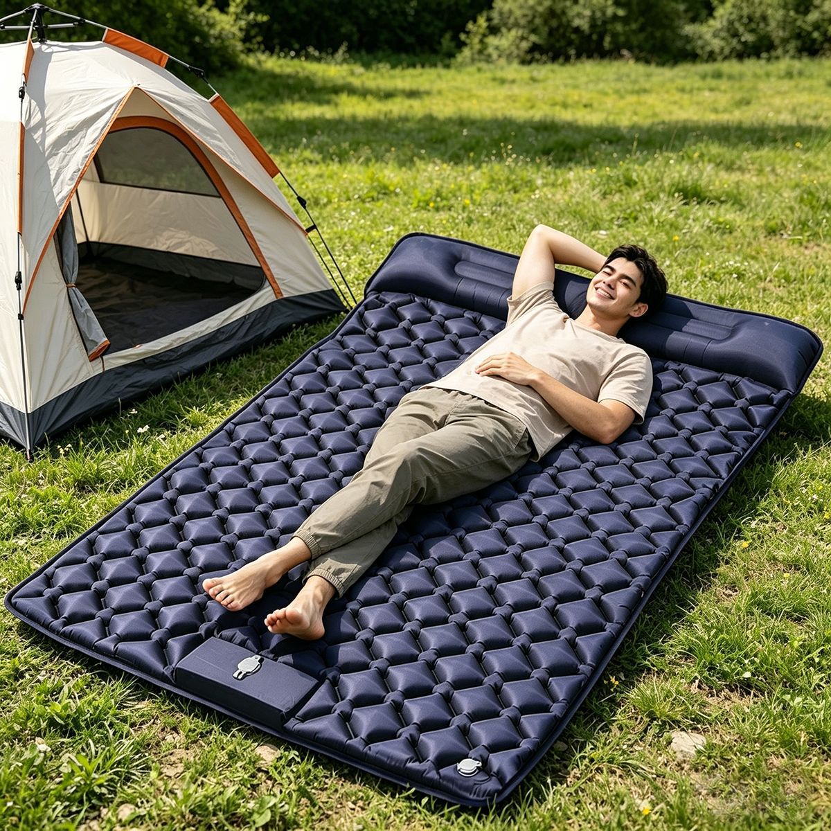 Outdoor Moisture-Proof Double Inflatable Sleeping Mat, Lazy Inflatable Bed, Double Bed, Lunch Break Car-Mounted Automatic Mattress for Camping