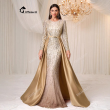 yisikado新款跨境亮片礼服长裙 重工轻奢长袖大裙摆礼服-KZT5012