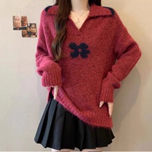 韩系玫红色毛衣女花朵毛衣女2026秋季大码胖mm马海毛针织衫上衣