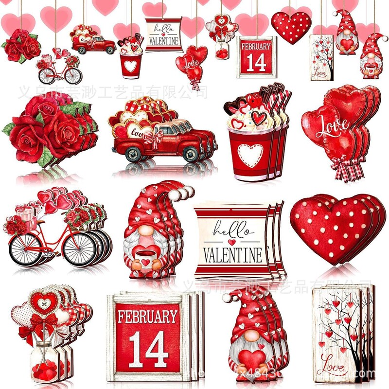 Valentine's Day Creative 2D Flat Wooden Decorative Pendant Creative Rose Love Holiday Pendant