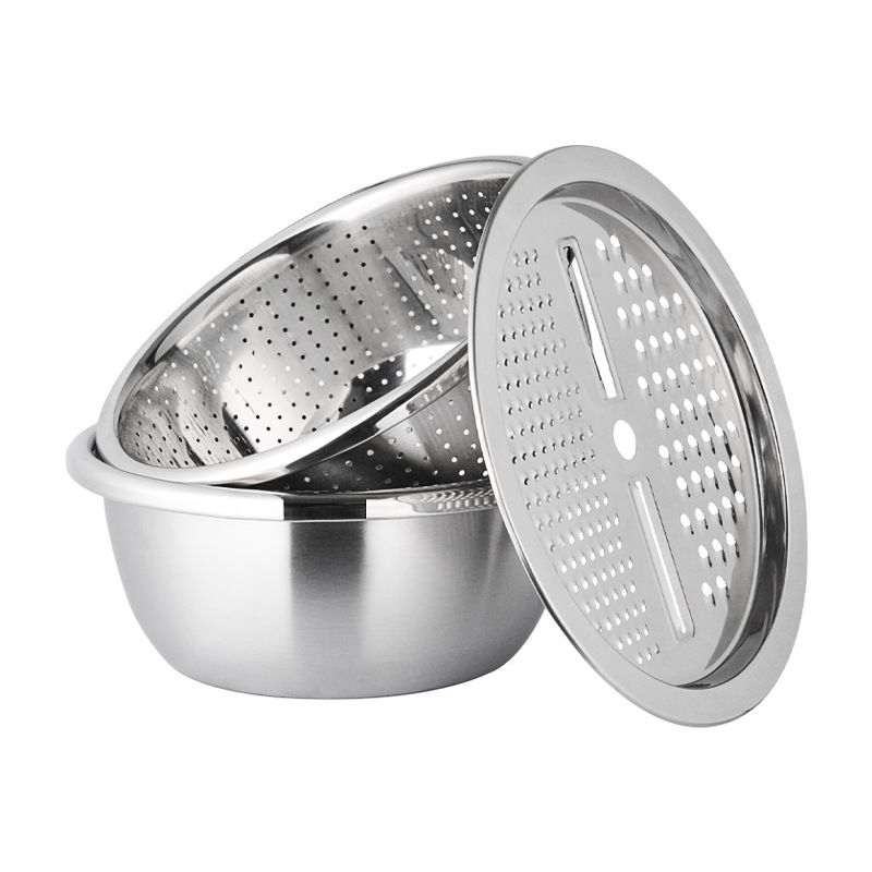 Cuenco multifuncional de acero inoxidable engrosado para lavar verduras, cesta de drenaje, tazón para cortar, utensilio de cocina, colador, tamiz para arroz, juego de tres piezas.