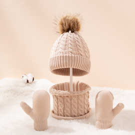 新款毛线单色麻花保暖儿童帽子围巾手套两三件套 现货儿童帽套装