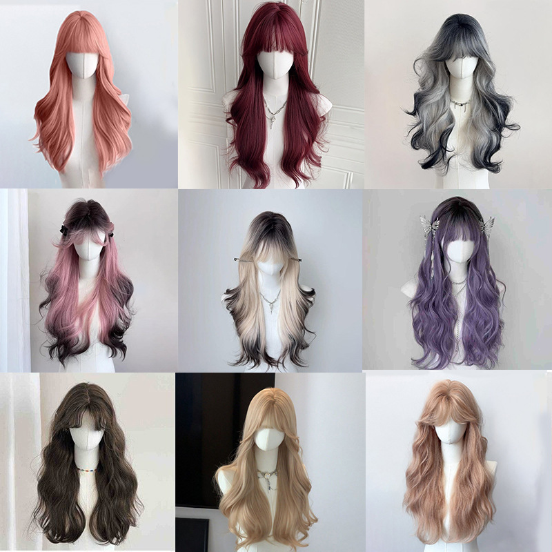 Wig for Women with Air Bangs, Large Waves, Lolita Gradient Long Curly Hair, Full Head Wig, Natural Realistic Hairpiece