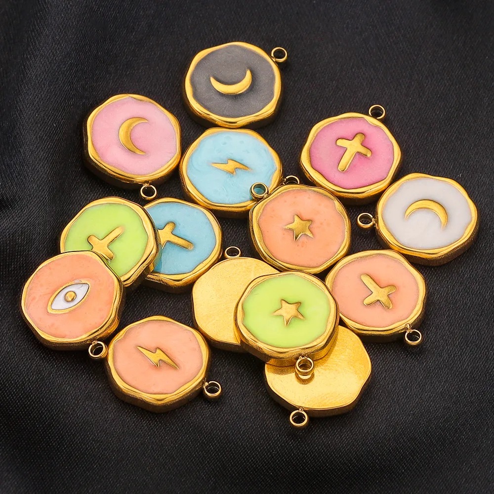 PVD Coated Gold Plating Process Pendant Jewelry Making Type Real Gold Plated Plating Material 5 PCS/Package 304 Stainless Steel PVD Coated Real Gold Plated Round Pendant DIY Jewelry Accessories