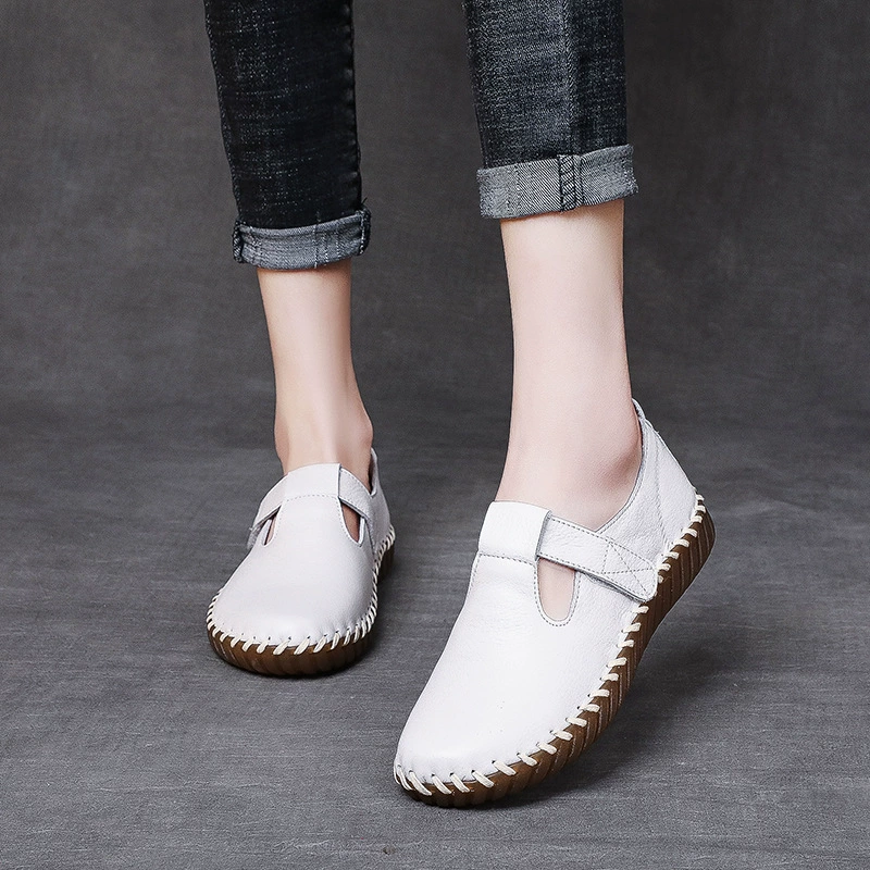 На весну и лето новые туфли на липучке, женские кожаные туфли, сшитые вручную, удобные повседневные туфли на плоской подошве с верхним слоем из воловьей кожи