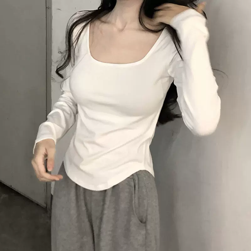 方领上衣女白色打底衫内搭2025新款春秋冬季新款洋气时尚低领长袖