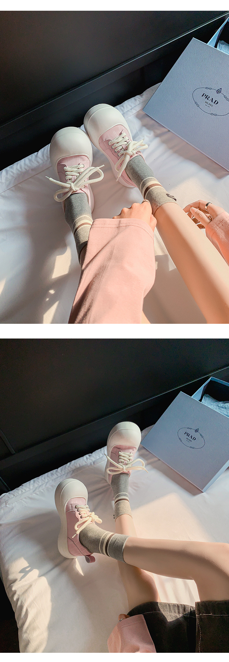 Giày sneaker nữ đế dày chunky mũi to phong cách bánh mì dây buộc tăng chiều cao — màu đen, màu hồng, màu trắng chi tiết 10