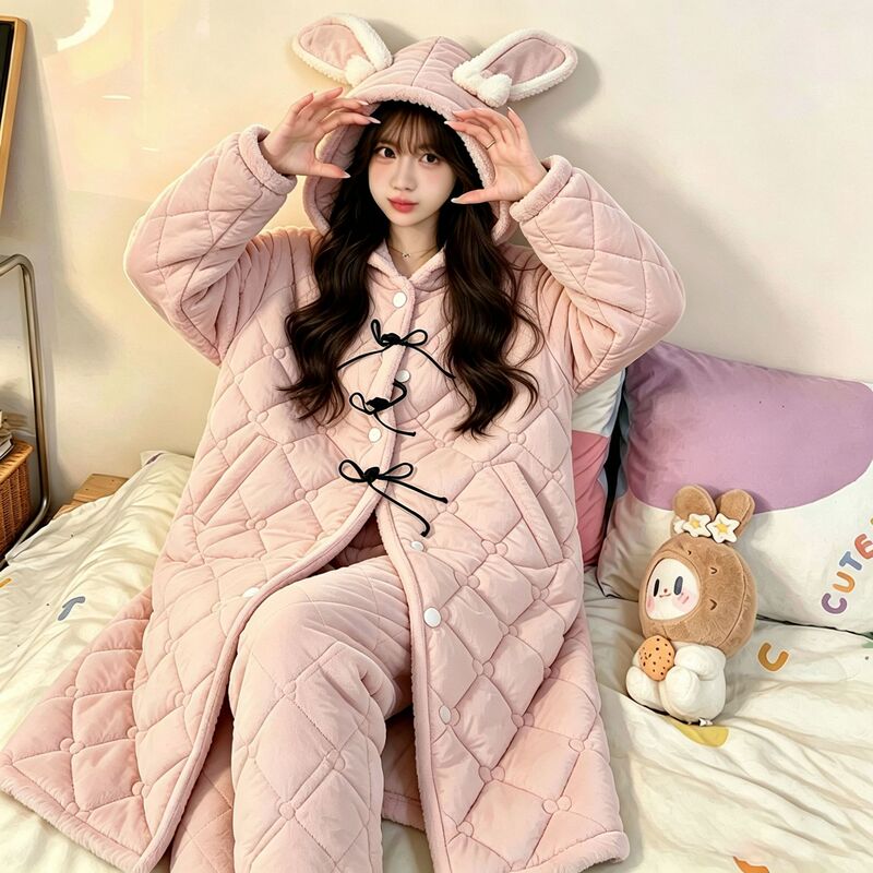 Cartoon robe set with horn buttons, three-layer quilted, loose-fitting home wear for girls, direct from the factory (Dragon)