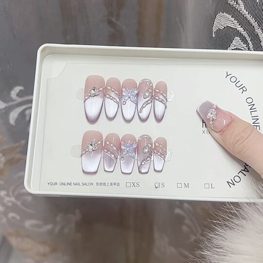 Pure manual phototherapy wearing nail piece Jiuzi from the fire cat eye wearing nail wholesale finished product reuse nail art