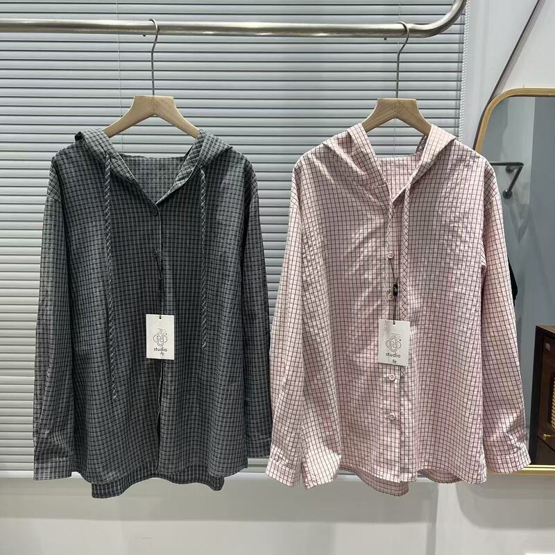 Spring New Commuter Versatile Hooded Long-Sleeved Plaid Shirt Women's Loose Casual Top Source Manufacturer