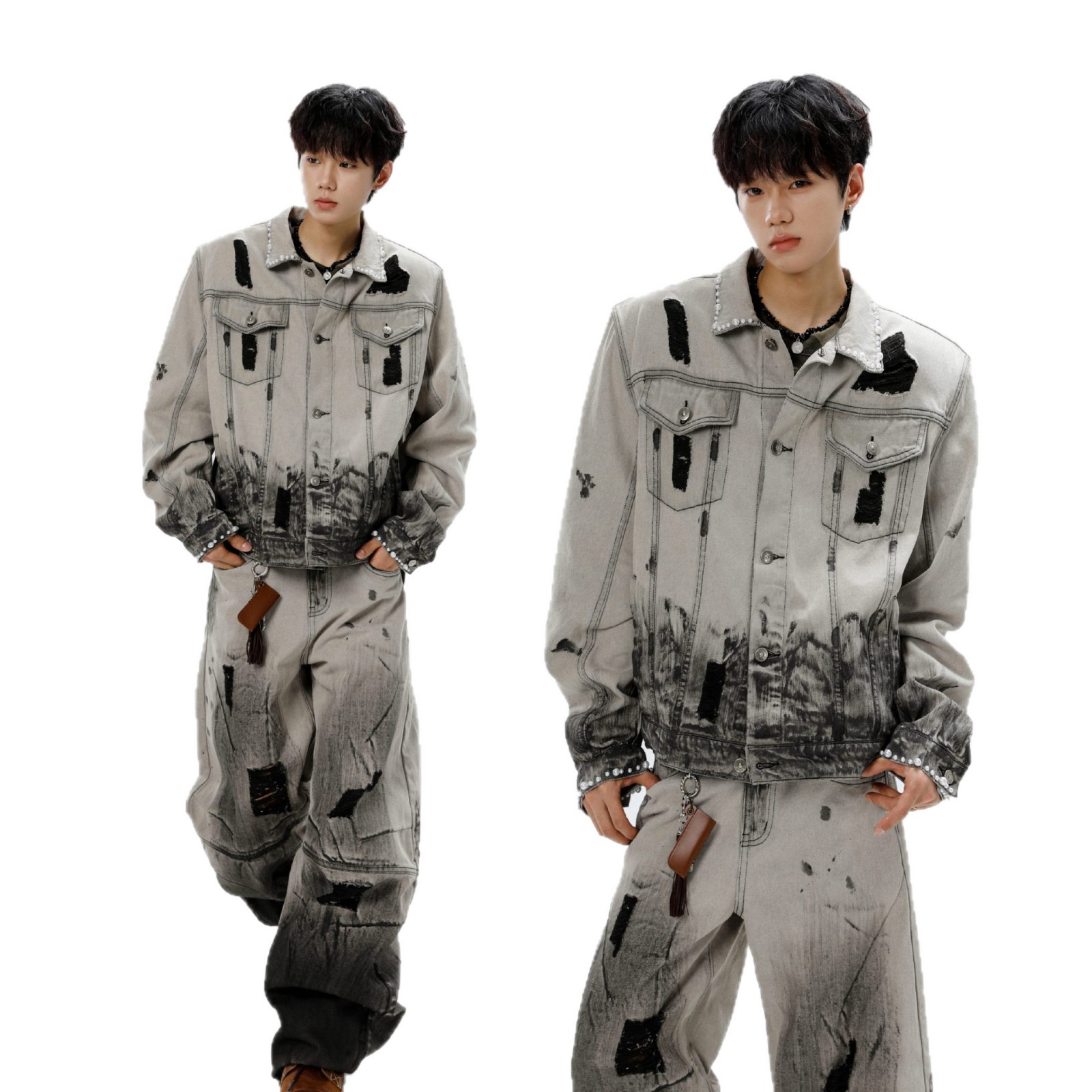 Deconstructed Dystopian Denim Set - Oversized Tie-Dye Jacket & Distressed Curved Hem Joggers, Raw Edge Avant-Garde Streetwear_voghion.com